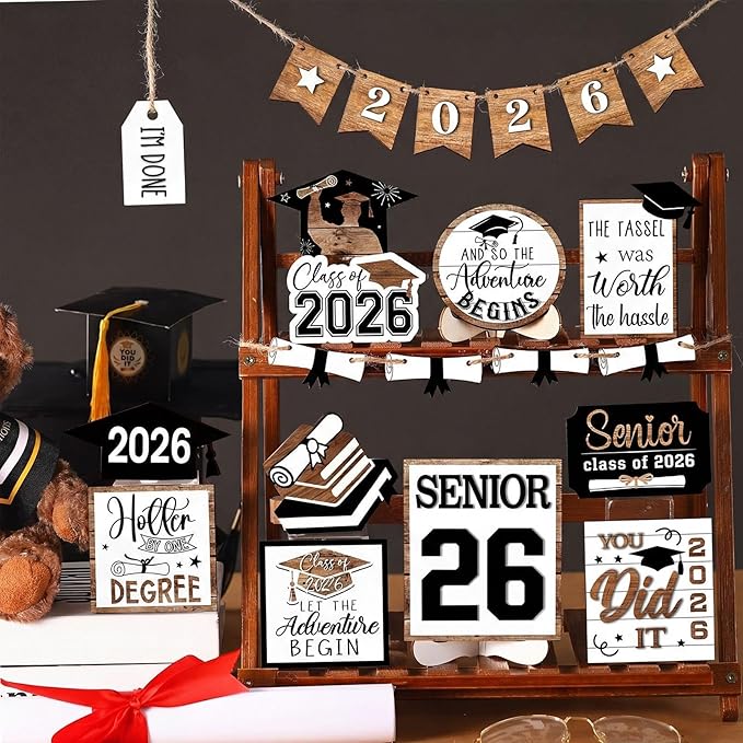 22 Pcs 2026 Graduation Tiered Tray Decor Sets Wooden Graduation Class of 2026 Table Decorations Senior 2026 Gown Diploma Farmhouse Signs for Home Shelf Party Office Desk(Black, White)