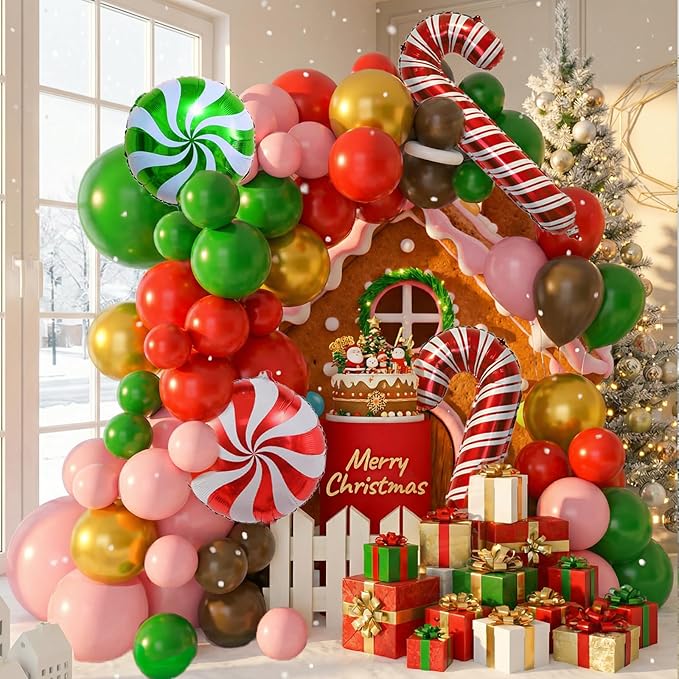 Pink Christmas Balloon Arch Kit Red Green Candy Cane Balloons Brown Gold Diy Gingerbread Balloon Arch Garland for Xmas Christmas Birthday Party Decorations Holiday New Year Decor