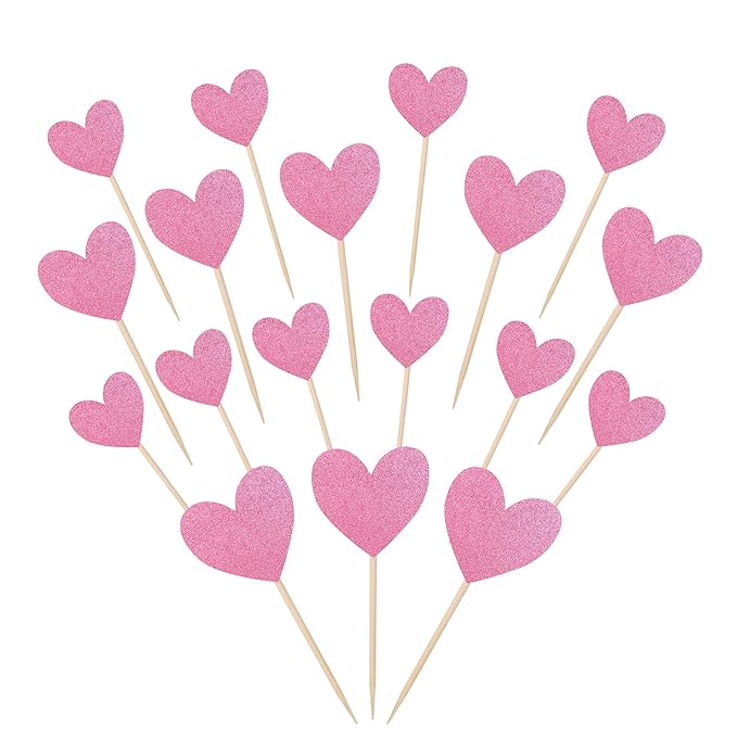 30 PCS Heart Cupcake Toppers Glitter Sweet Love Theme Cupcake Picks Wedding Engagement Bridal Shower Birthday Valentine's Day Party Cake Decorations Supplies Mixed Size Pink
