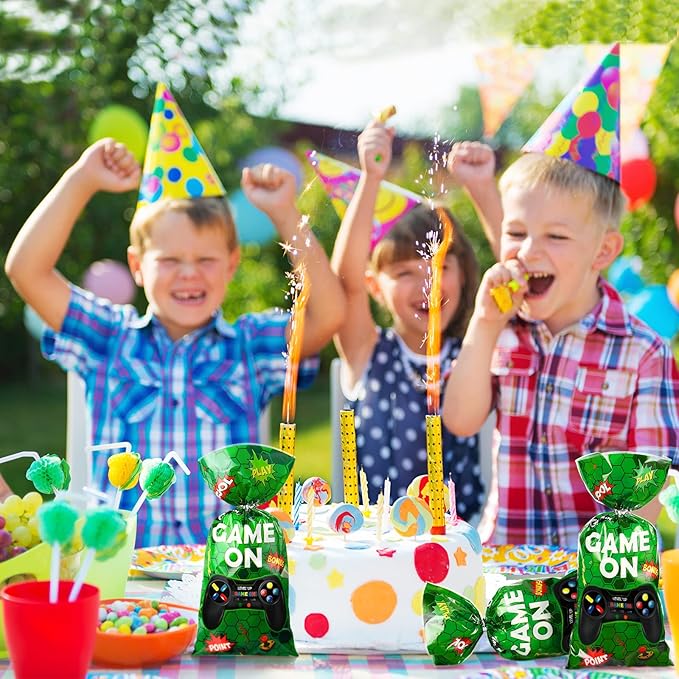Pajean 100pcs Video Game Plastic Loot Bags Game on Favor Goody Candy Treat Bags for Themed Birthday Party(Green)