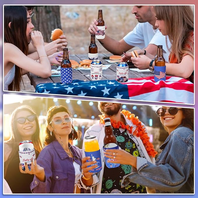 4th of July Decoration Can Cooler Sleeves, 12 Pcs Independence Day Can Party Supplies USA Flag Insulated Collapsible 4th of July Cooler Sleeves for Patriotic Memorial Day (Blue and White)