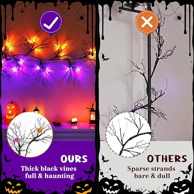 Joyhalo Halloween Garland with Lights Decorations with Pumpkin & Bat Lights,Battery Operated 6FT 46 LED Halloween Willow Vine Twig Garland for Mantle,Wall,Fireplace and Halloween Decorations