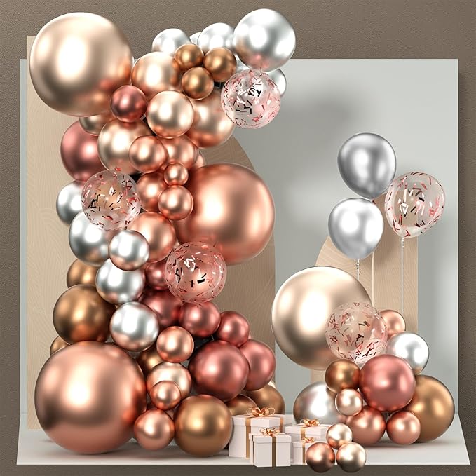 PartyWoo Rose Gold Shades Balloon Garland Kit, 140 pcs Shades of Rose Gold Balloons Different Sizes Pack of 18 Inch 12 Inch 10 Inch 5 Inch for Balloon Garland, Birthday Decorations, Party Decorations