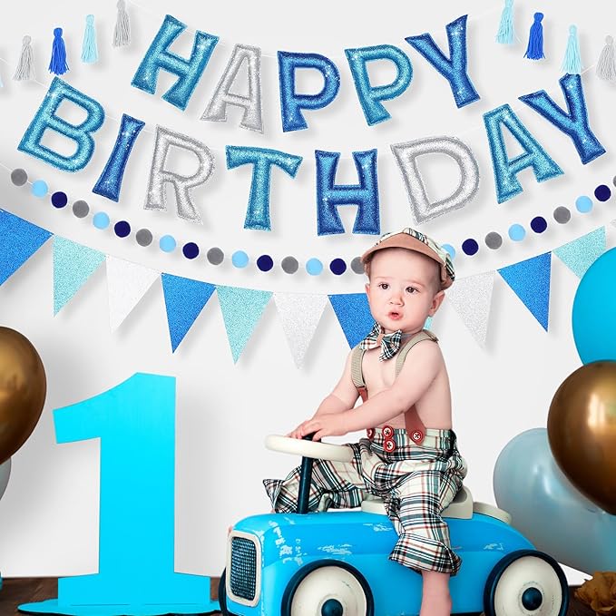 5 Pcs Pre-Strung Blue and Silver Happy Birthday Banner Set, Felt Glitter Happy Birthday Garland with Ball Garland, Pennant Flags and Tassels, Birthdays Party Decorations for Kids and Adults