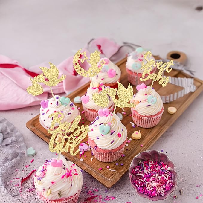 24Pcs Babyshower Girl Cupcake Toppers Glitter Moon Star Sweet Baby Gender Reveal Cupcake Picks Baby Shower Kids Girls Birthday Party Cake Decorations Supplies Gold