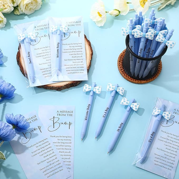 50 Set Baby Shower Party Gift Pen Favors for Guests Include 50 Pink Blue Bow Ballpoint Pens 50 Baby Shower Thank You Cards with Opp Bags for Gender Reveal Party Prizes Souvenirs(Boy)