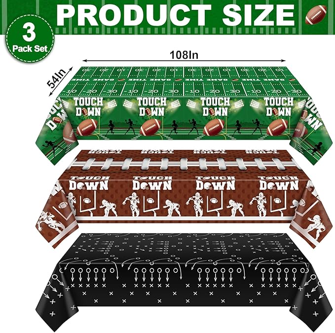 3 Pack Plastic Football Tablecloth, Superbowl Party Decorations 54 x 108 Inch Plastic Table Cloth for Rectangle Tables Disposable Touchdown Table Cover for Football Theme Party Games Decor