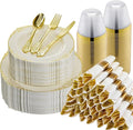 350PCS Ivory Plastic Plates for 50 Guests, Disposable Dinnerware Sets Include 100 Gold Rim Plastic Plates, 50 Silverwares, 50 Cups, and 50 Pre Rolled Napkins for Party, Wedding, Graduation