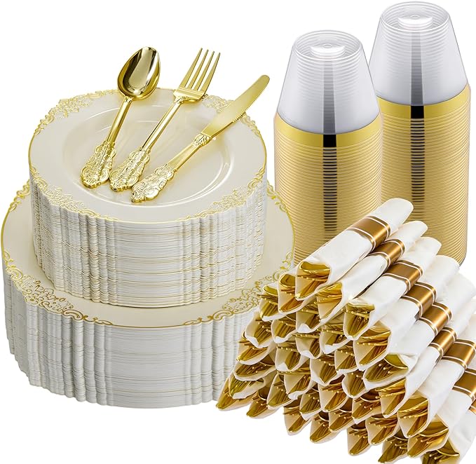 350PCS Ivory Plastic Plates for 50 Guests, Disposable Dinnerware Sets Include 100 Gold Rim Plastic Plates, 50 Silverwares, 50 Cups, and 50 Pre Rolled Napkins for Party, Wedding, Graduation