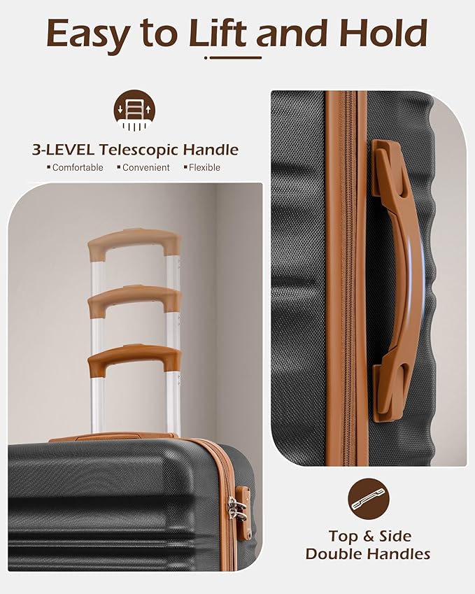 LONG VACATION Carry On Luggage Sets 3 Piece 20 Inch Suitcase Set, ABS+PC Hard shell Lightweight Travel Luggage with Spinner Wheels & YKK Zipper TSA Lock (BLACK-BROWN, 20 INCH (BP-2/TB))