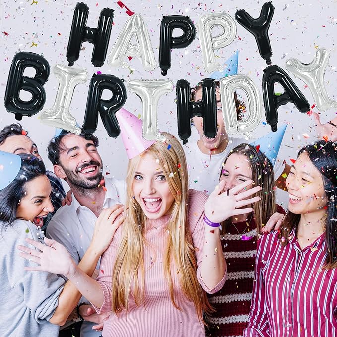 TONIFUL Happy Birthday Balloons Banner with Ribbon Straw, 16 Inch Mylar Letters Birthday Sign Banner Balloon Bunting Reusable for Girls Boys Kids & Adults Birthday Halloween Supplies（Black Silver）