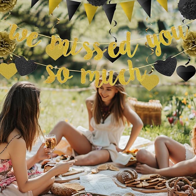 We Missed You So Much Banner, 12Pcs Triangle Flags, 6Pcs Pom Poms Paper Flower Balls, 6Pcs Hanging Swirls Welcome Back Welcome Home Decoration Families Friends Colleague’s Return Celebration Decor Kit