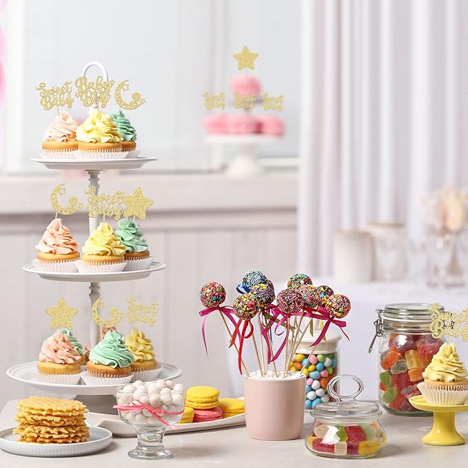 Gyufise 24Pcs Gold Baby Shower Boy Cupcake Toppers Glitter Star Moon Sweet Baby Cake Decorations Baby Boy Cupcake Picks for Baby Shower Boys Birthday Party Decorations Supplies