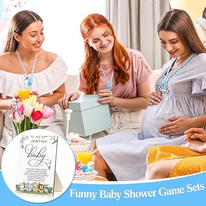 Geetery 51 Pcs Don't Say Baby Game Sign Cool Baby Shower Game 50 Pacifier Necklace Wooden Don't Say Sign Plastic Pacifier Party Favor for Gender Reveal(Animal,Blue)