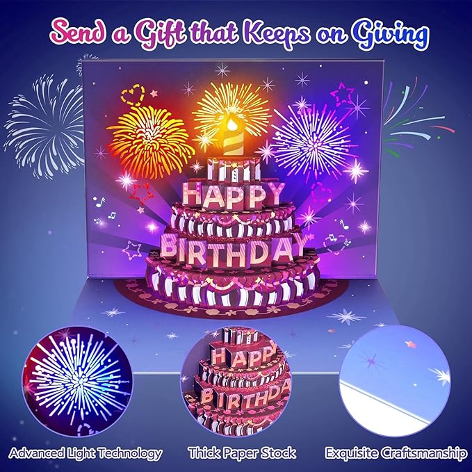 INPHER UPGRADED Birthday Cards Fireworks Pop Up Cake Light and Music Happy Birthday Gifts Decorations for Women, Men, Mom, Grandma