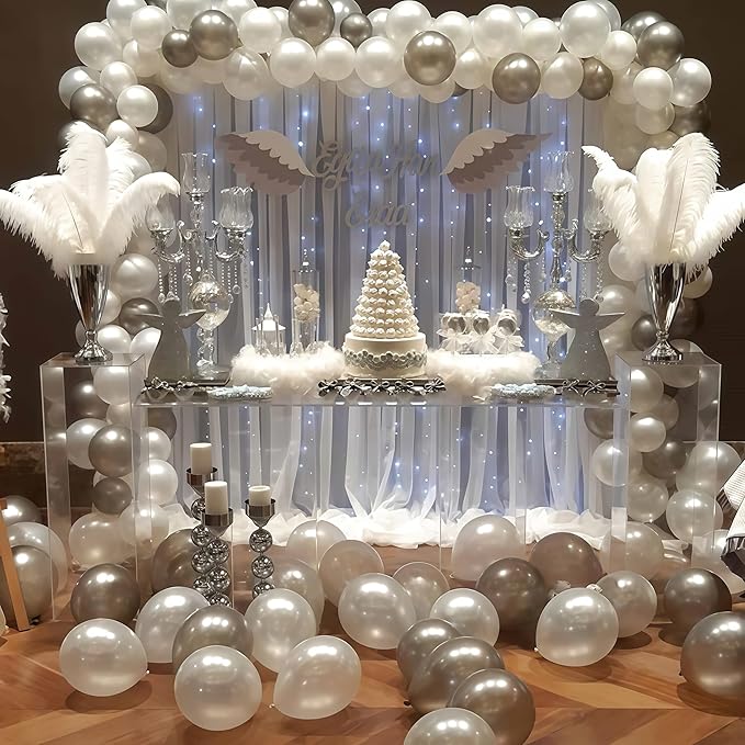Pearl White Winter Wonderland Balloons, 12 Inch Pearl Sand White and Metallic Silver Snowflakes Balloons for Ice Snow Wonderland Wedding Baby Shower Birthday Christmas New Year’s Party Decorations