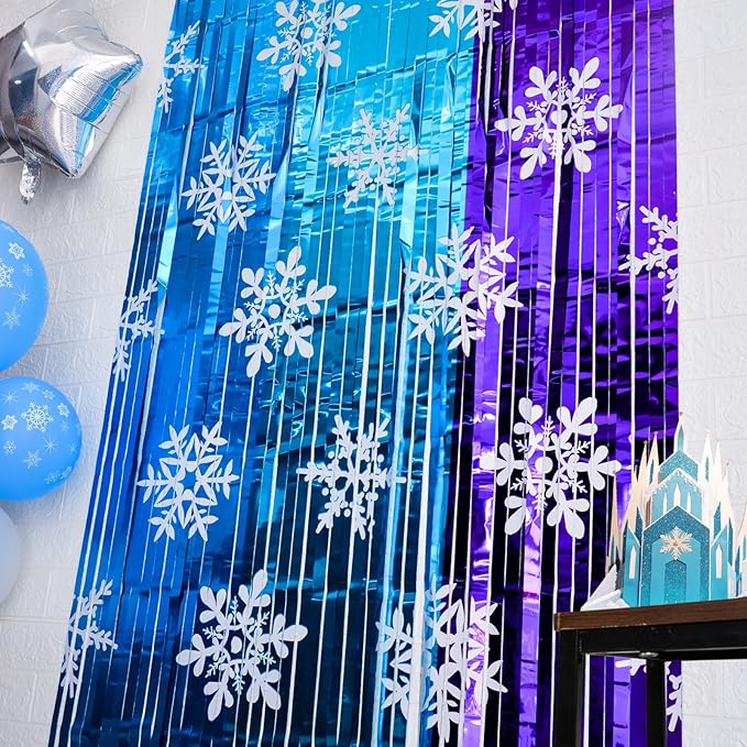 Winter Princess Birthday Party Decorations, 2 Pack Ice Birthday Party Supplies 3.3x6.6ft Tinsel Foil Fringe Curtains, Winter Photo Booth Prop Backdrop Streamer, Snowflake Birthday Party Decor