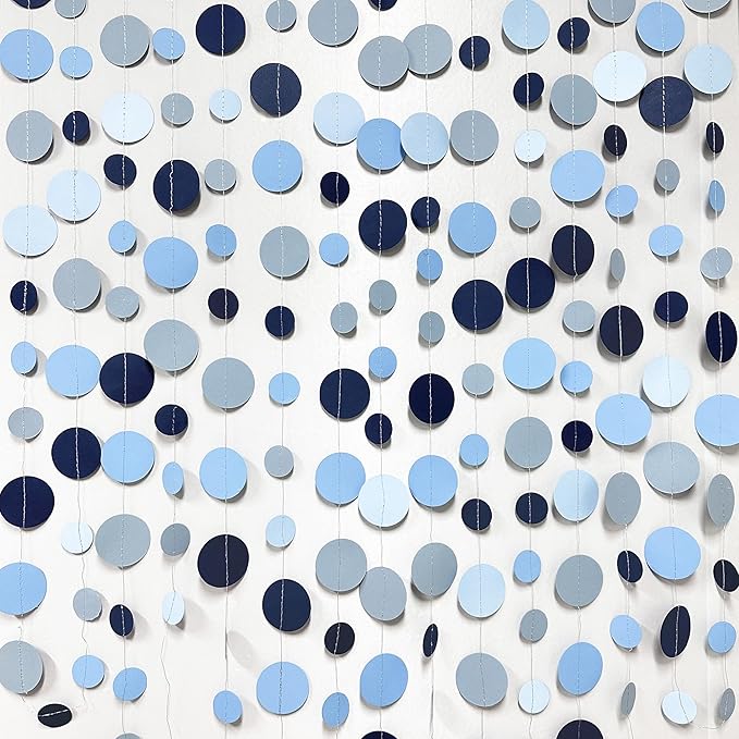 Dusty Blue Party Decorations Navy Blue Circle Dots Garland Gray Blue Hanging Paper Polka Dot Streamer for Wedding Baby Shower Engagement Bridal Shower Birthday Graduation Nautical Theme Party Supplies