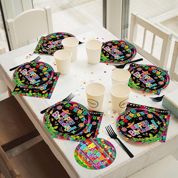 96 Pcs Mexican Birthday Party Plates, Fiesta Party Decorations Supplies Cinco De Mayo Carnival Birthday Disposable Paper Plates Napkins Colorful Stripe Serape Baby Shower Tableware, Serves 24