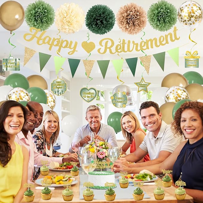 Roetyce Retirement Party Decorations Women Men, Green Happy Retirement Banner Balloons Cake Topper Hanging Swirls Pompoms Kit, Sage Green Office Retired Party Supplies for Coworker