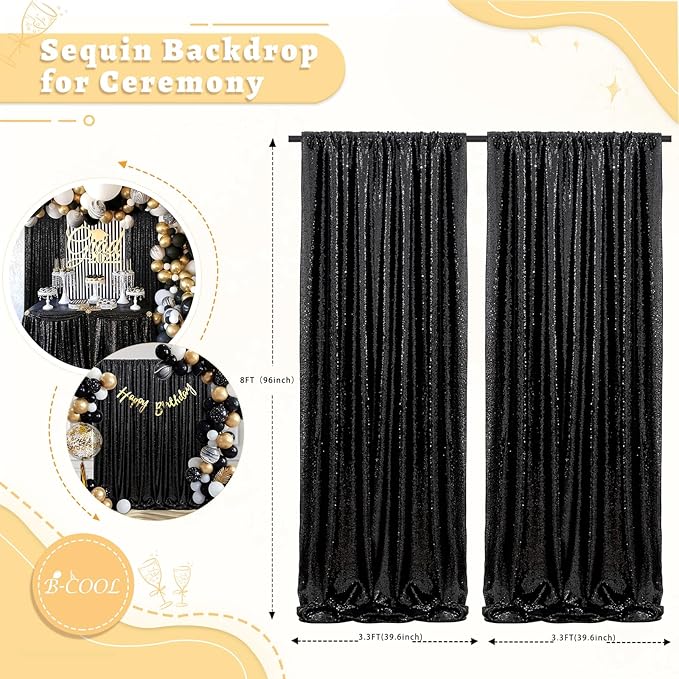 B-COOL Black Sequin Backdrop Curtains 2 Packs 3.3ftx8ft Sparkle Backdrop Fabric Glitter Background Drapes for Party Ceremony Wedding Birthday Decoration