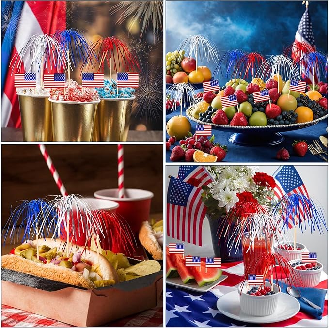 200Pcs 4th of July Cupcake Toppers, Patriotic Firework Cocktail Picks Independence Day American Flags Toothpicks Fruit Skewers for 4th of July Party Drinks Red White and Blue Decorations