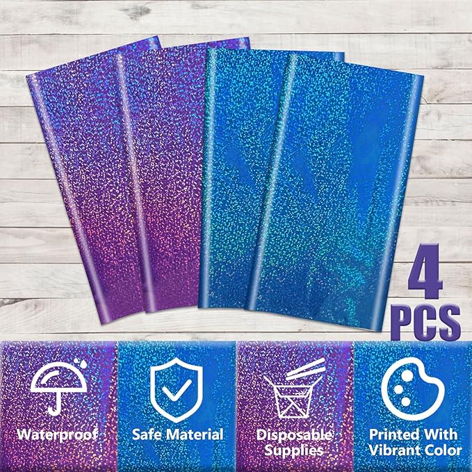 2Pcs Blue & 2Pcs Purple Holographic Tablecloths Rectangular Blue and Purple Iridescent Shimmer Metallic Table Covers for Under The Sea Ocean Mermaid Anniversary Party Supplies, 54 x 108inch