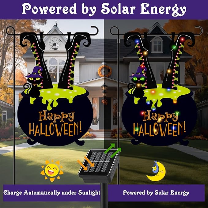 Halloween LED Lighted Garden Flag for Outside, 12x18 in Solar Double Sided Witch Feet Shape Yard Flag, Halloween Decorations for Patio Lawn, Home Porch