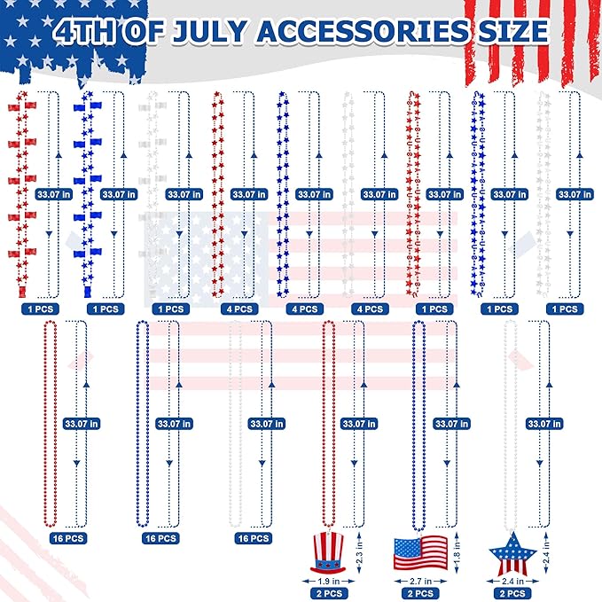 72PCS 4th of July Accessories, Independence Day Bead Necklaces, USA Hat Flags Pendant Patriotic Fourth of July Red Blue White Necklace, Metallic Necklace for Flag Day Parades Party Favors Decorations