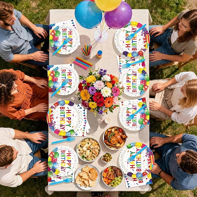 96Pcs Happy Birthday Decorations Colorful Dots Happy Birthday Plates and Napkins Disposable Rainbow Multicolor Decorations Tableware Set for Kids Boys Girls Birthday Party Supplies Serves 24