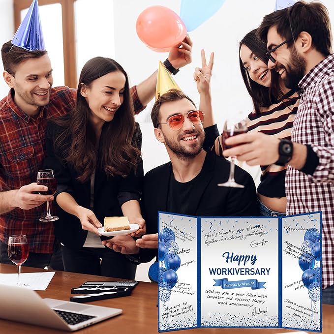 DARUNAXY Blue Silver Happy Workiversary Party Decorations, Navy Blue Happy Work Anniversary Alternative Signature Guest Book for Men Women Employee Business Gifts Signing Card Board for Office Supply