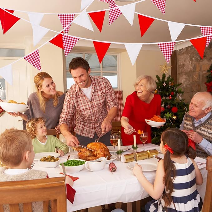 32 Ft Red Plaid Checkered White Pennant Banner Flags Triangle Bunting Garland for Carnival Red Party Decorations for Christmas Wedding Birthday Picnic Outdoor Family Holiday Celebrations