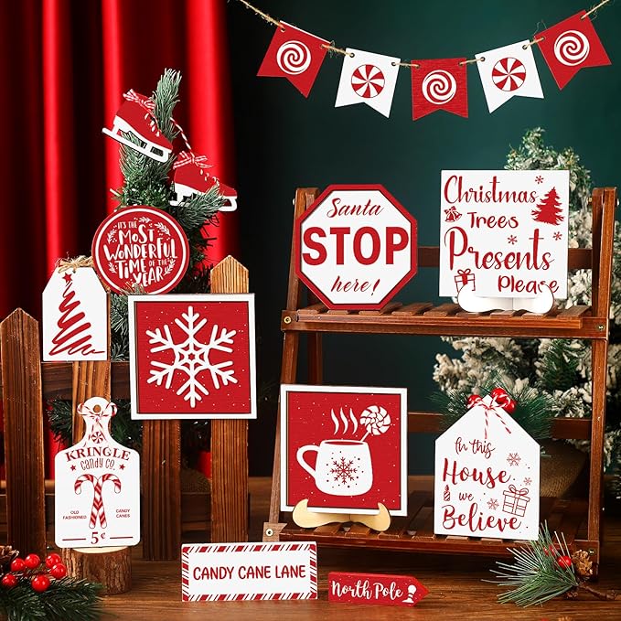 15 Pcs Christmas Tiered Tray Decor Rustic Christmas Decorations Candy Hot Cocoa Snowflake Wood Sign Xmas Tiered Tray Winter Farmhouse Rustic Table Decor for New Year Home Shelf Tabletop