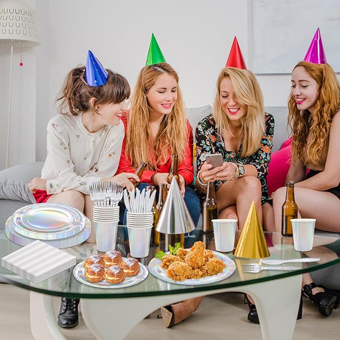 144pcs Iridescent Party Supplies Iridescent Party Tableware Set Serve 24 Guests Includes Holographic Paper Plates Cups Napkins Forks for Baby Shower Mermaid Birthday Party