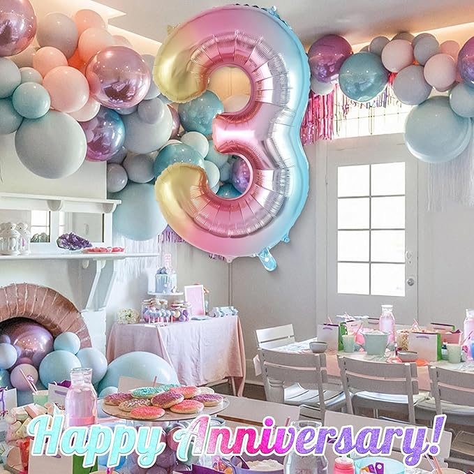 Rainbow Gradient Number 3 Balloon, 40 Inch Big Large Foil Number Balloons, Jumbo Mylar Number 3 Balloons for 3 Third Birthday Party Decorations Supplies Anniversary Celebration
