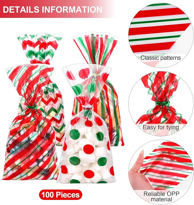 Aodaer 100 Pcs Christmas Cellophane Bags, 10.6 x 5.1 Inch Classic Red Green Plastic Candy Bags, Polka Dot Stripes Printed Pattern Goodie Gift Bag with Twist Ties for Christmas Birthday Party Supplies