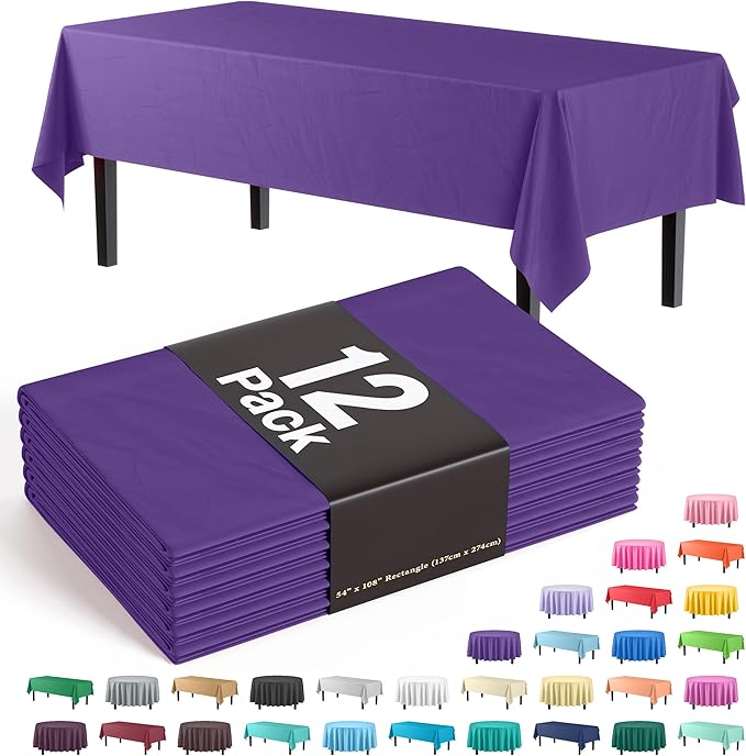 Exquisite 12-Pack Premium Plastic Tablecloth Pack of 12 Premium Plastic Tablecloth 54 Inch x 108 Inch Rectangle Table Cover - Purple