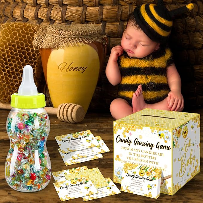 Glenmal 52 Pcs Baby Shower Games Gift Sets Large Baby Bottle for Shower Game Guess How Many Candies Decorations for Gender Reveal(Sweet As Can Bee)