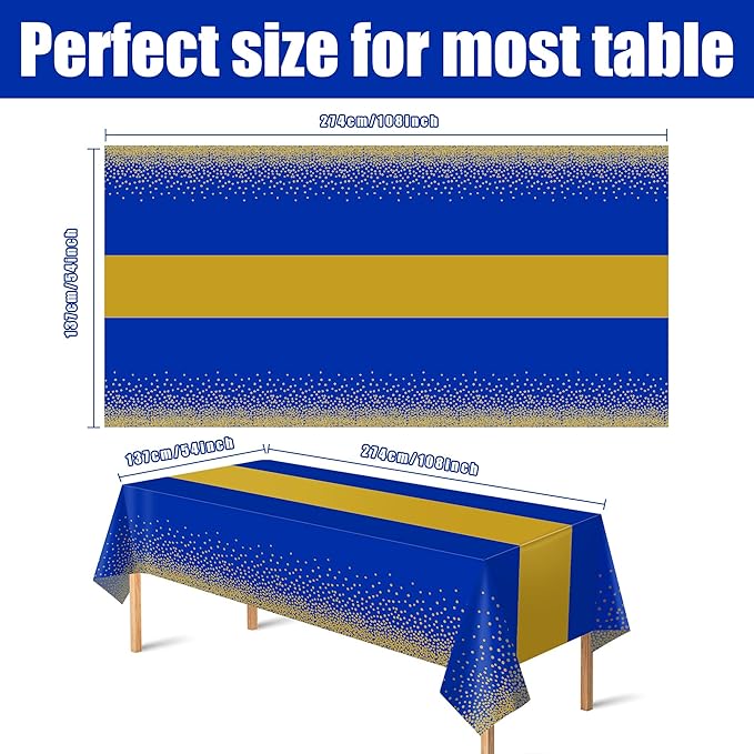 OHOME 4 Pack Disposable Plastic Table Cloths for Parties,Royal Blue and Gold Rectangle Table Covers for Graduation Wedding Birthday Fathers Day Decorations | Christmas Decorations 54" x 108"