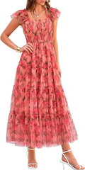PRETTYGARDEN Women's Summer Tulle Midi Dress Sleeveless Smocked Ruffle Flowy Mesh Dresses Party Wedding Guest Sundress