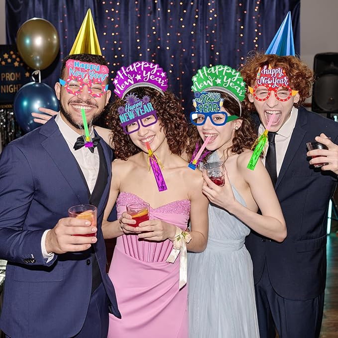 Openfly 36Pcs New Years Eve Party Supplies 2026 Happy New Year Hats Headband Tiara Noise Makers Paper Glasses Party Favors