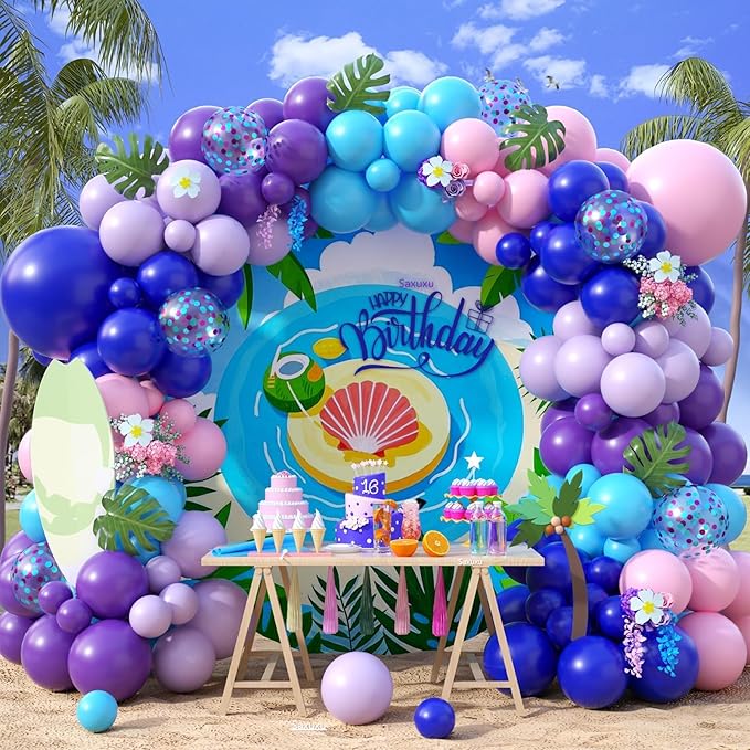 Blue Balloon Arch Kit, Royal Light Blue Confetti Macaron Pink Purple Birthday Balloons with Palm Leaves for Princess Girl Birthday Decorations Baby Shower Graduation Summer Tropical Party Supplies