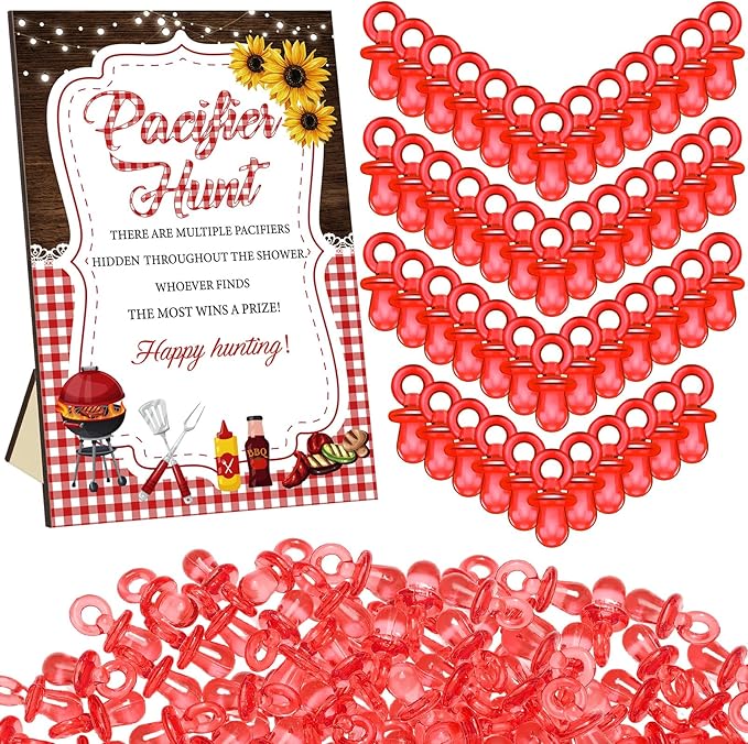 Thyle 51 Pcs BBQ Themed Baby Shower Game BBQ Pacifier Hunt Sign and 50 Acrylic Pacifiers for Baby Shower Decorations Gender Reveal Table Centerpiece Pregnancy Party Supplies