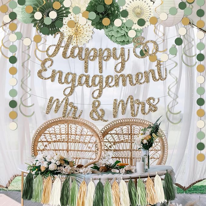 Engagement Party Decorations,Green Sage Congratulations Decorations includes Gold Glitter Happy Engagement Banner for Just Engaged Almost Married Party, Bachelorette Party Decorations