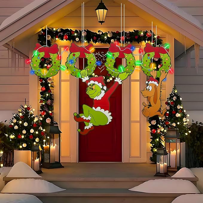 Outdoor Christmas Fence Decorations, 6Pcs Light Up Christmas Fence Peeker Signs Decor with LED String Lights for Yard Garden Lawn Fireplace, Tree Decoration
