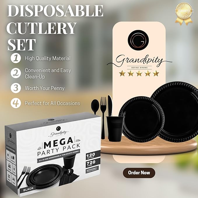 720-Piece Black Disposable Dinnerware Set - 120 Guest Plastic Dinnerware Set - 9" Dinner Plates, 7" Dessert Plates, 12oz Cups, Forks, Knives & Spoons
