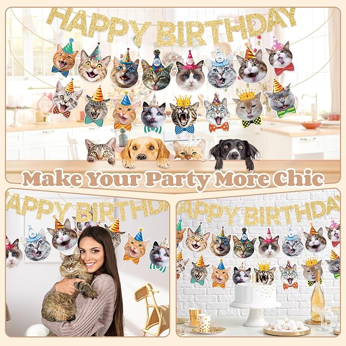 Cat Happy Birthday Banner - Cat Birthday Decorations Party Decor Supplies for Kids, Boys, Girls