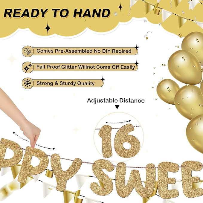 Fulmoon Pre Strung Happy Sweet 16 Banner Glitter Sixteenth Birthday Party Decorations 16th Party Sign Sweet 16 Party Decorations for Birthday Party Bachelorette Party(Champagne Gold)