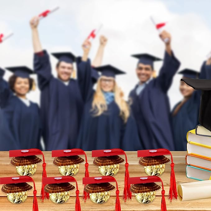 Gyufise 36Pcs 2026 Graduation Cap Cupcake Toppers with Tassel Adhesive Dots Chocolate Decorations Class of 2026 Congrats Grad Cap Cupcake Decorations for 2026 Graduation Theme Party Supplies Red