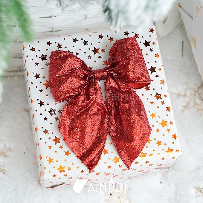 AIMUDI Red Glitter Wired Ribbon Bows with Twist Tie 5.5" Premade Metallic Christmas Bows for Gift Wrapping, Wreath, Garland, Holiday Crafts Party Home Outdoor Christmas Tree Decorations, 12 PCs
